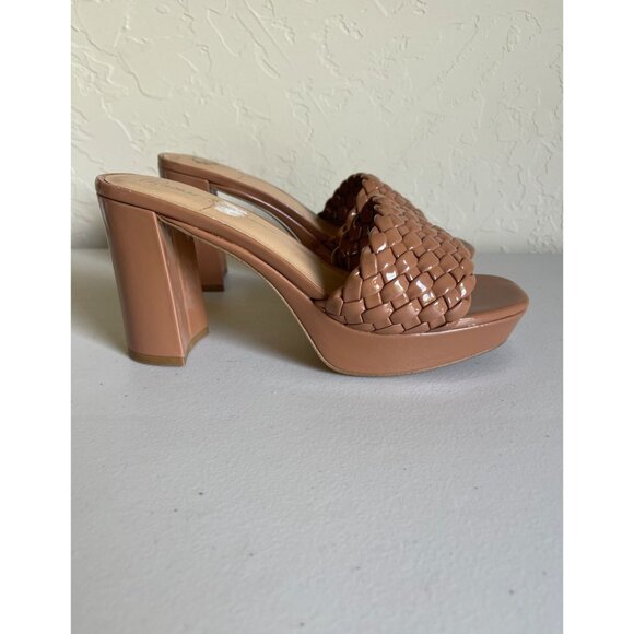 Rachel Zoe Gabrielle Light Brown Woven Patent Platform Shoes 4" Block Retro Mod - Picture 1 of 9